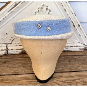 Vintage 1950s Straw Pill Box Hat Whit Rhinestone Bees Bugs